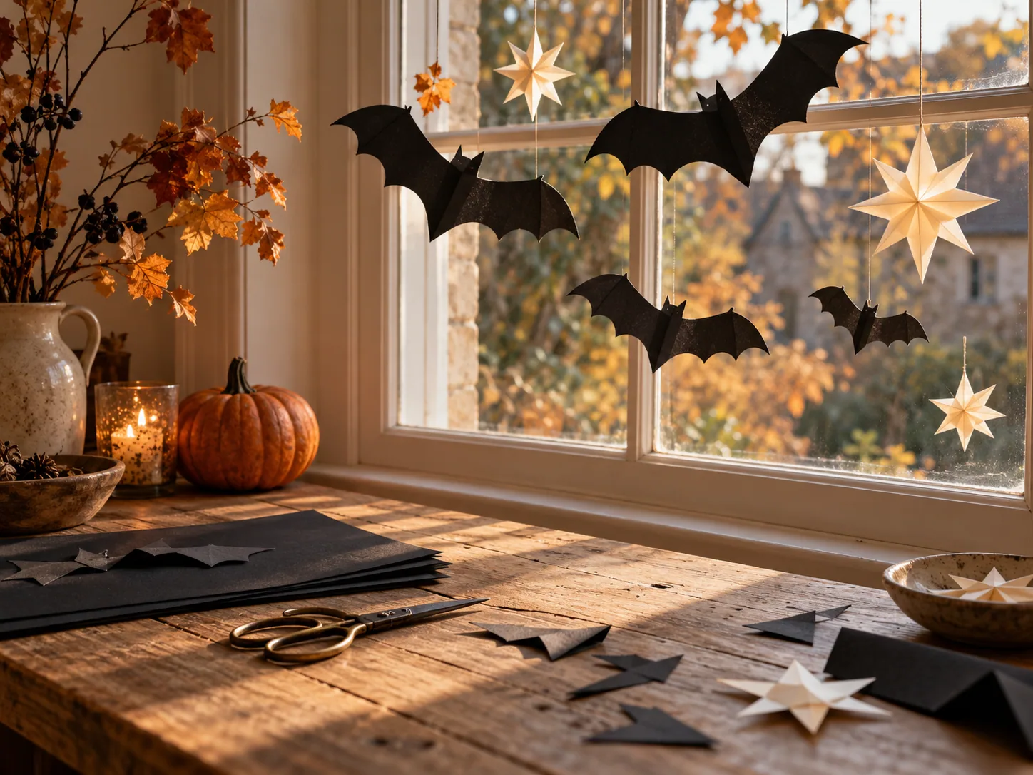 Hand-cut black paper bats and cream stars hanging in a sunlit autumn window