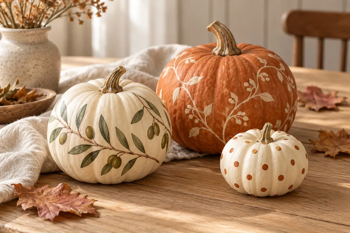 Three whole pumpkins decorated with restrained olive leaves, cream vines, and rust dots on a warm autumn worktable