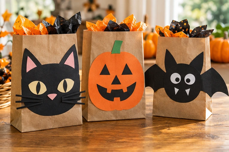 Three Halloween treat bags decorated as a cat, pumpkin and bat.