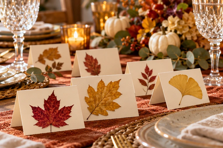 Pressed autumn leaves arranged on folded Thanksgiving place cards.