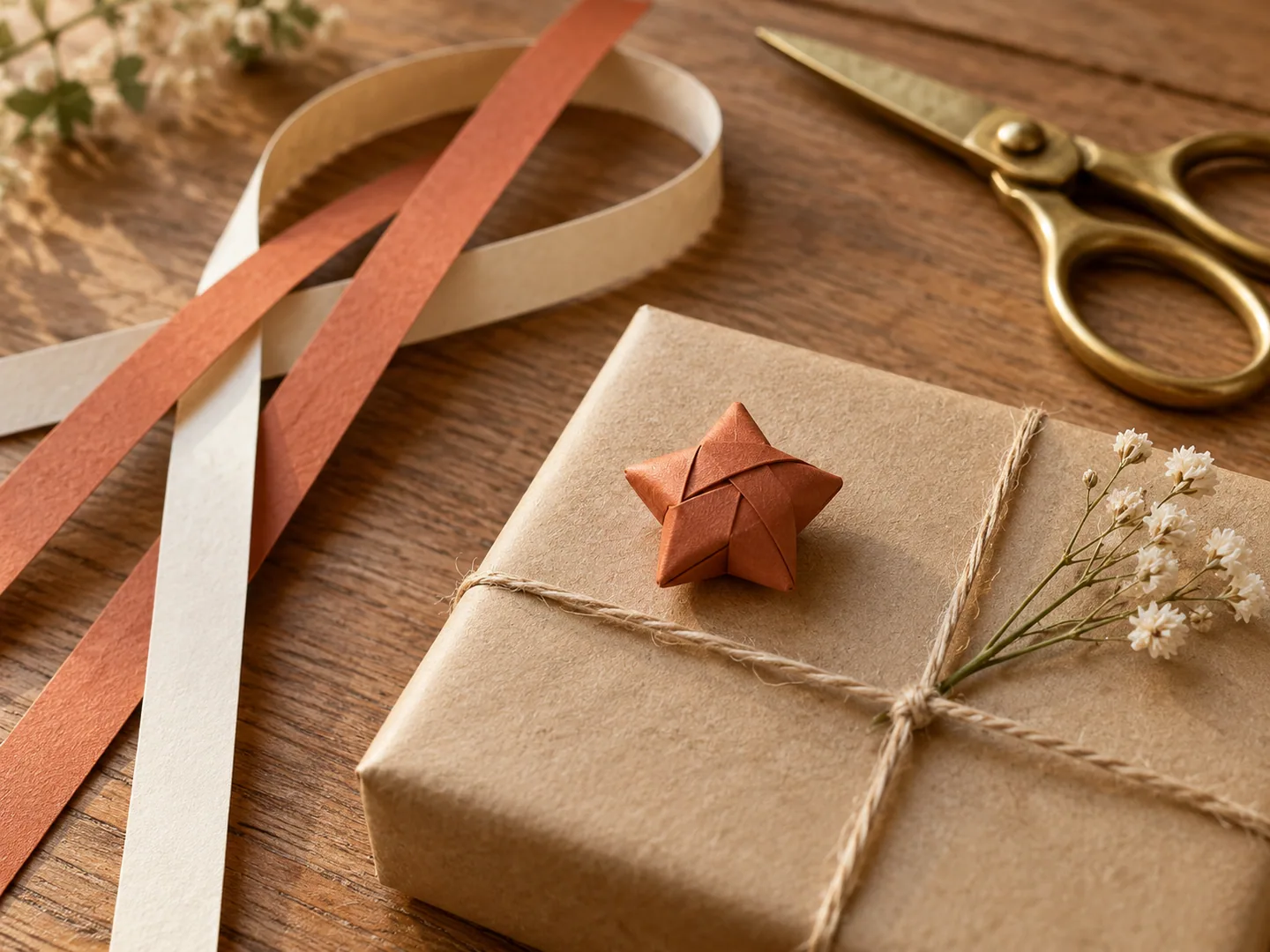 A small puffy rust-orange lucky star folded from one paper strip on a kraft-wrapped gift