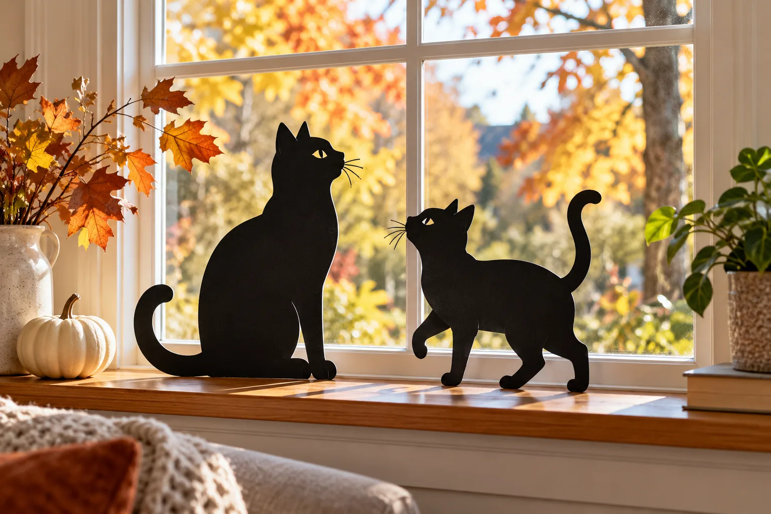 Matte black cardstock cat silhouettes arranged on a bright autumn window