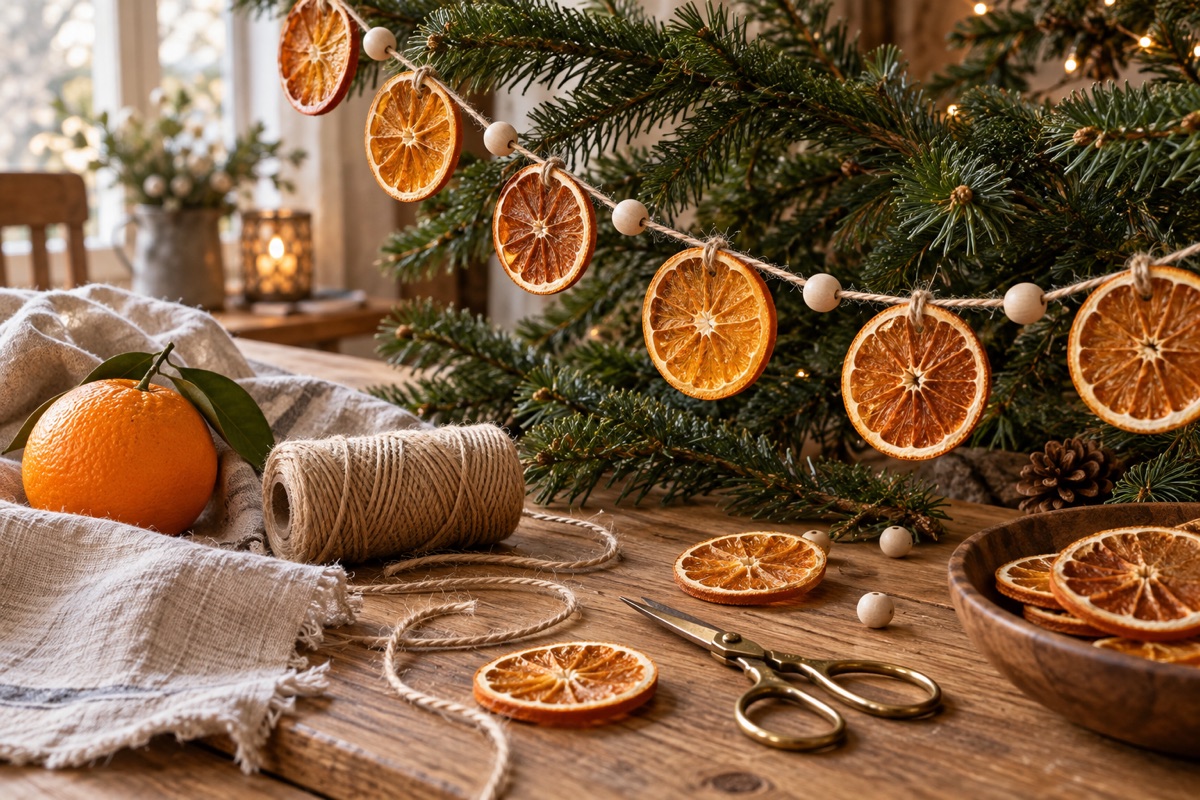 Dried orange slices strung on cotton cord as a natural Christmas garland on a simple holiday mantel