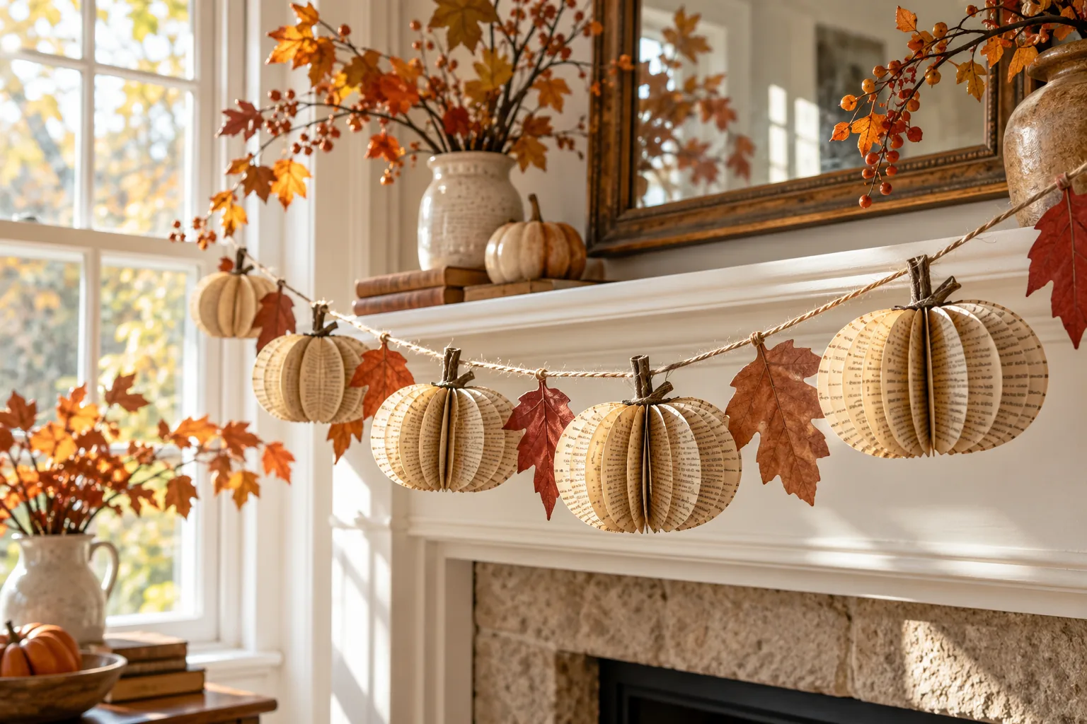 Handmade book-page paper pumpkins strung as a warm autumn garland across a bright window