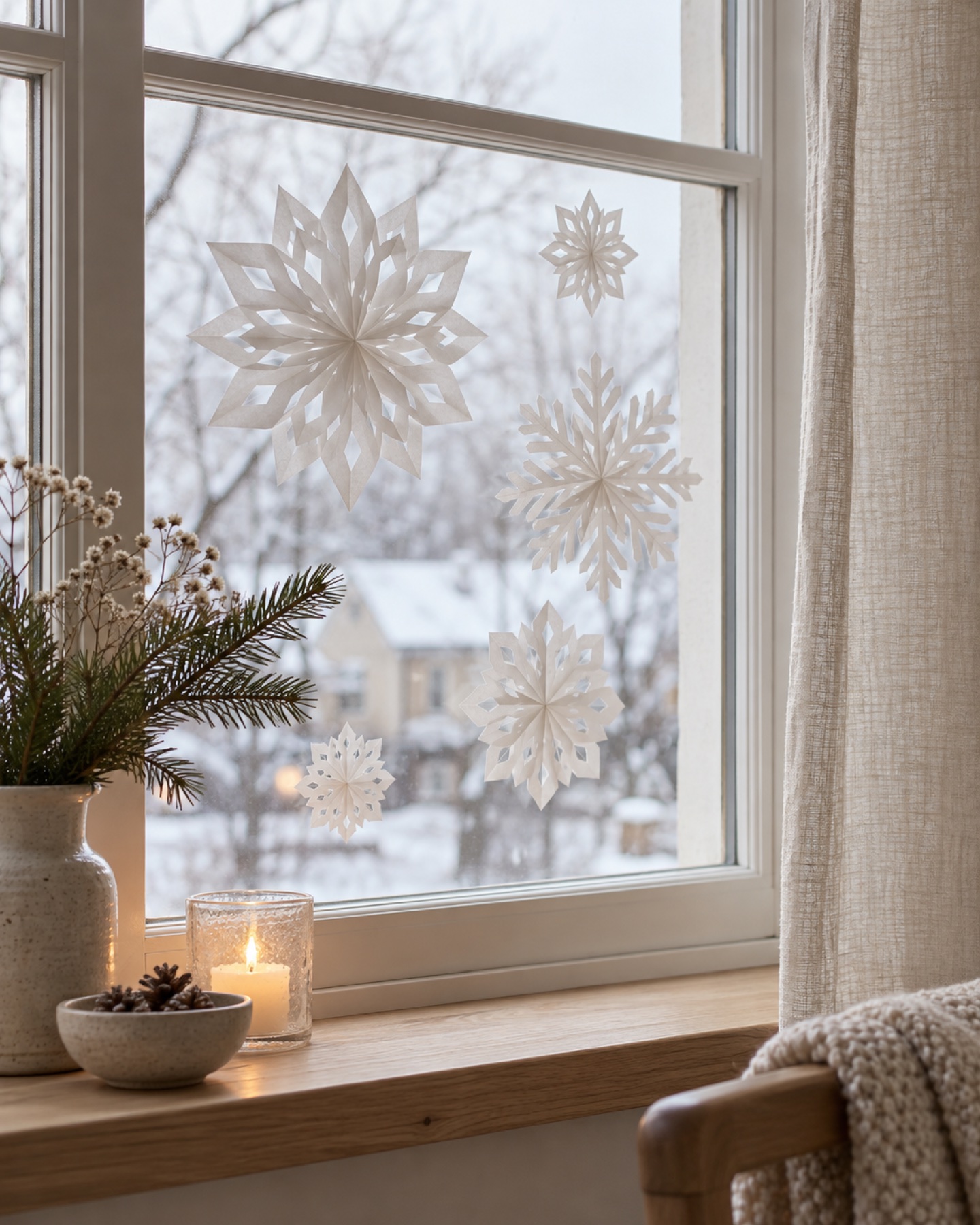 Layered white paper snowflakes in different sizes arranged on a bright winter window