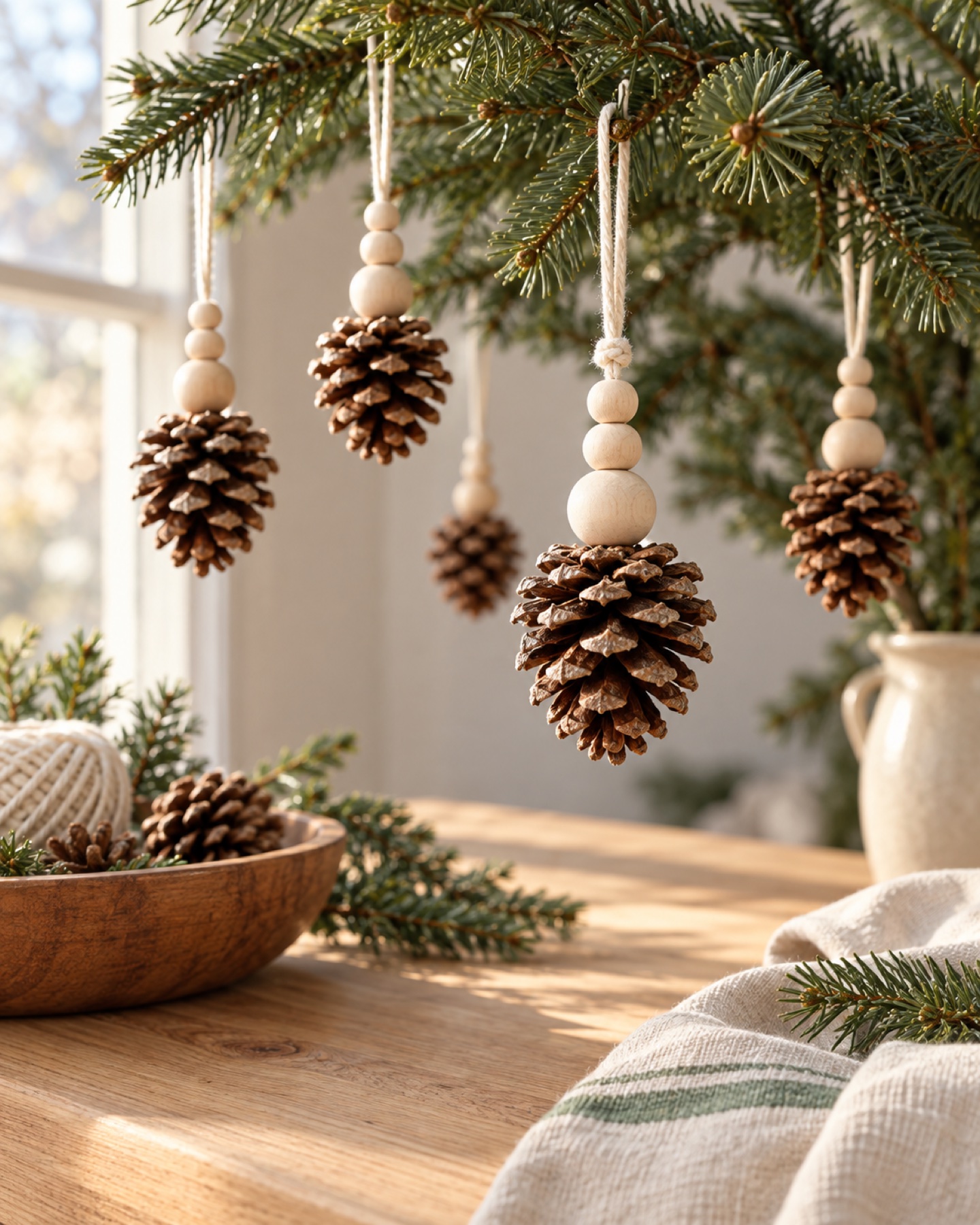 Natural pinecone ornaments with wood beads and cotton cord hanging beside evergreen branches