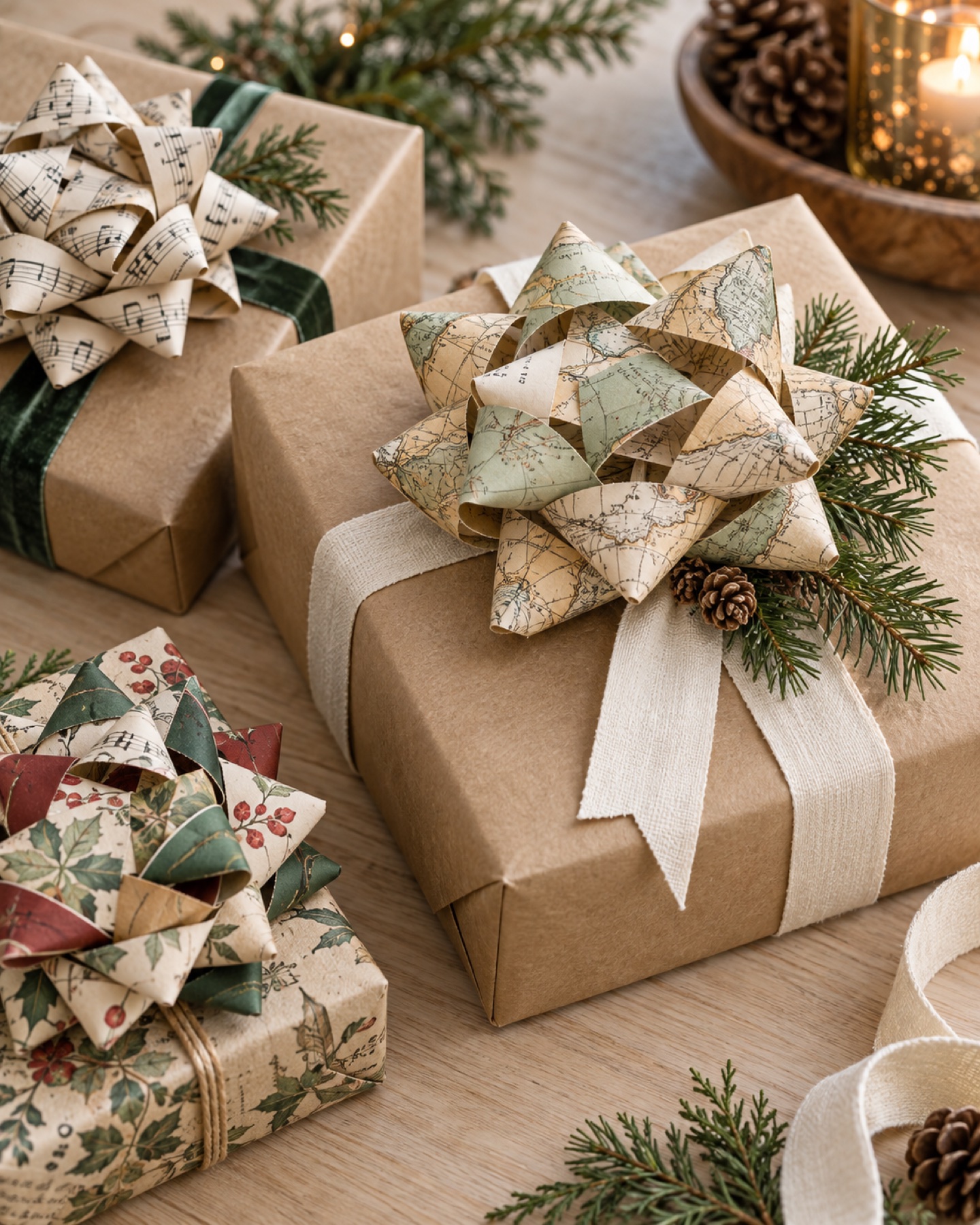 Dimensional handmade paper bows from recycled kraft and map paper attached to kraft-wrapped gifts