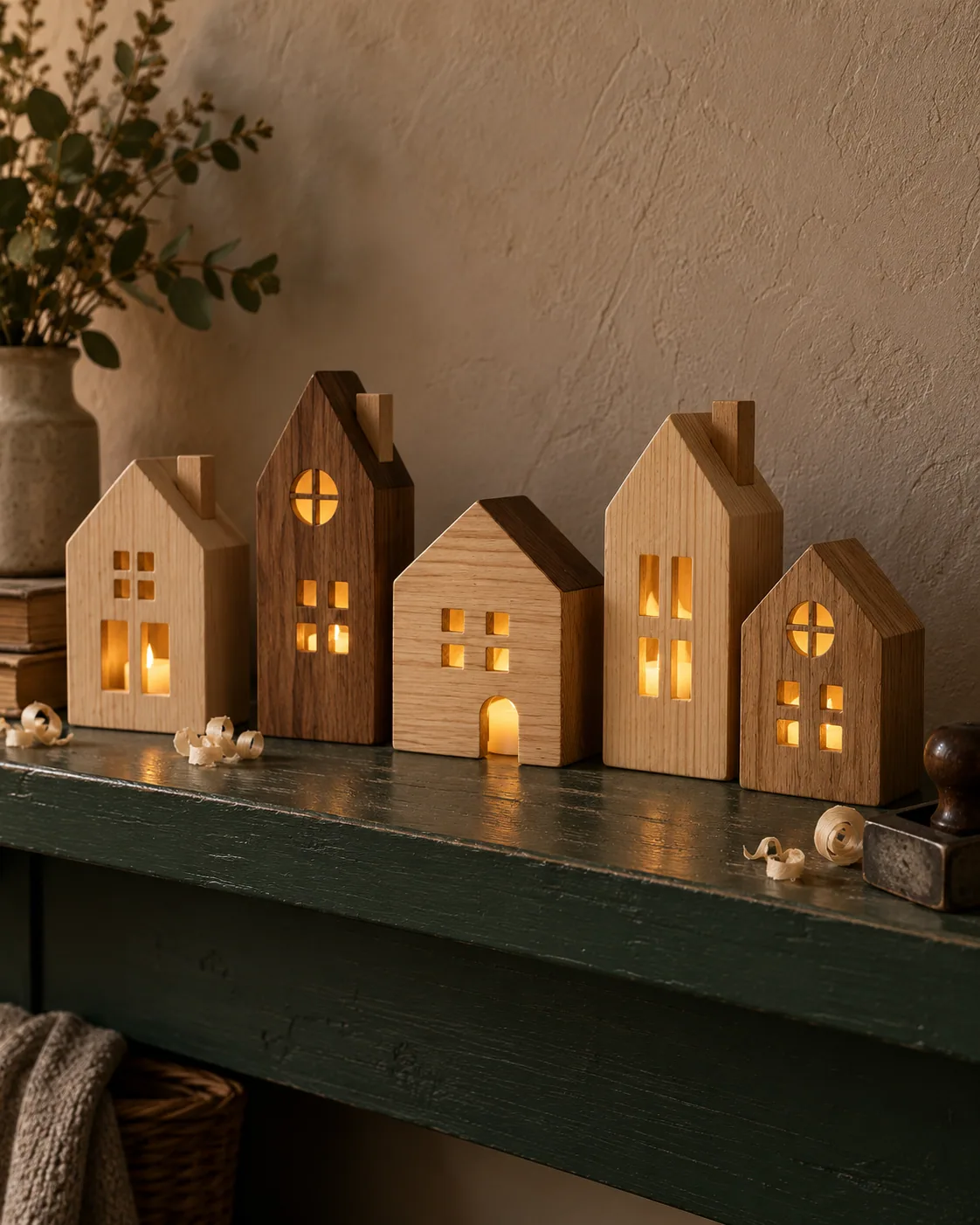 Five small handmade wooden houses glowing softly on a dark green shelf