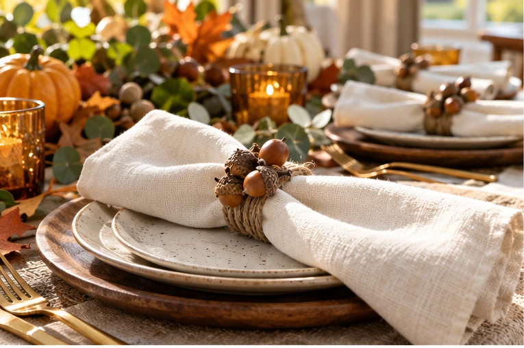 Natural acorn napkin rings wrapped with twine around cream linen napkins.