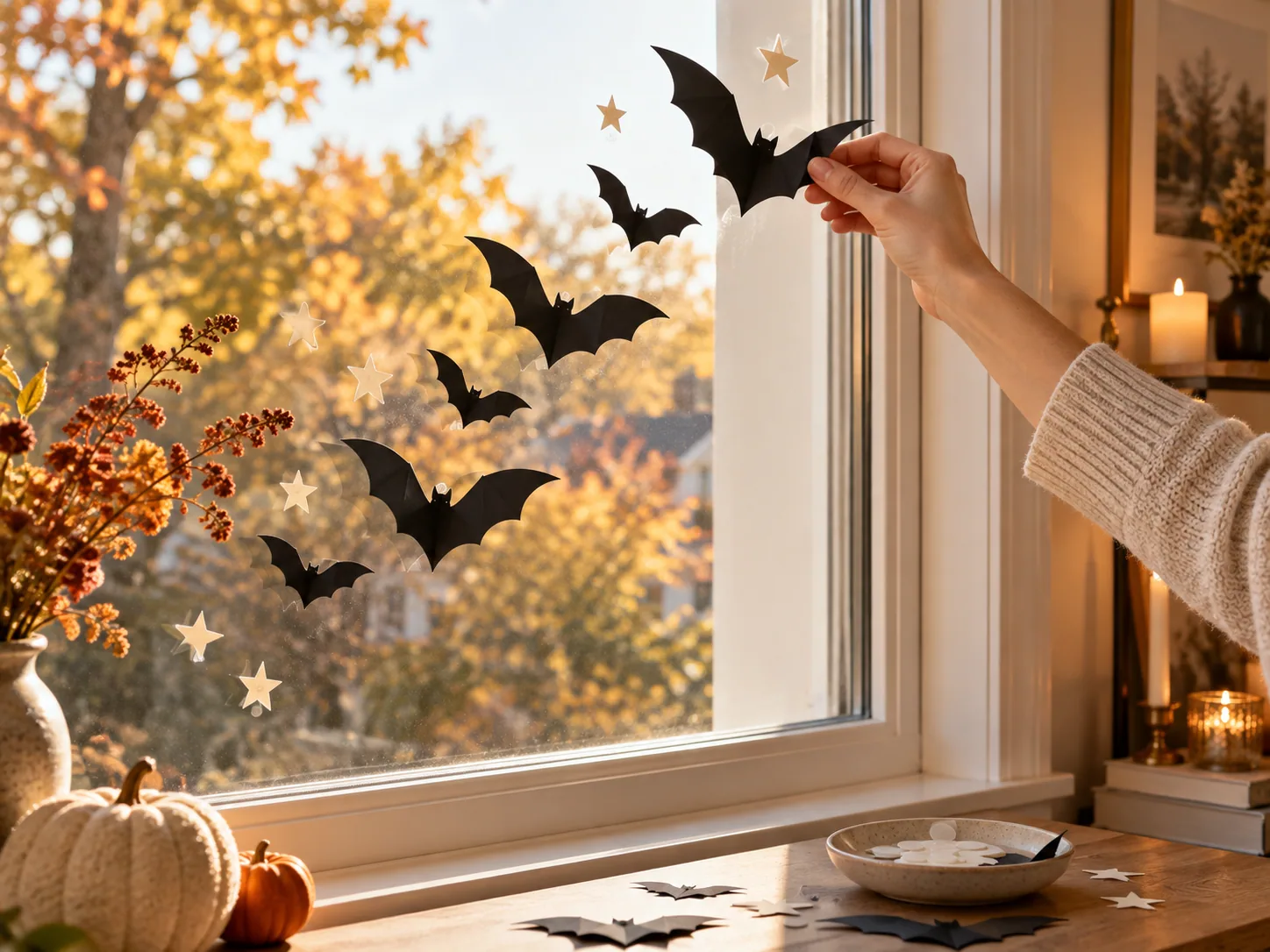 A hand arranging black paper bats in a rising curve across an autumn window