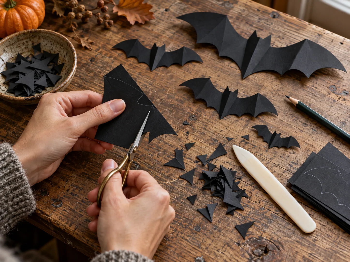 Hands cutting folded black cardstock into paper bats in several sizes