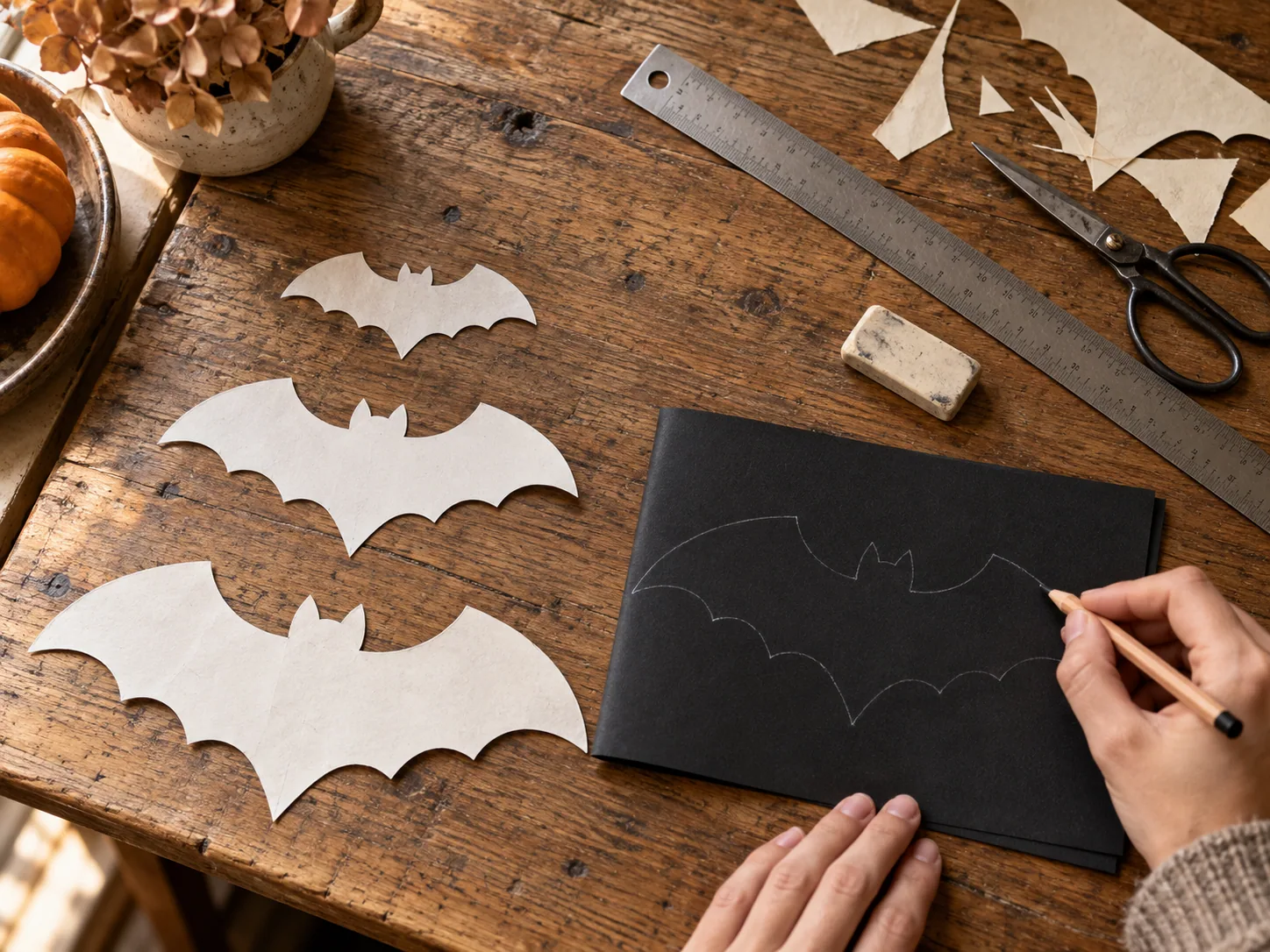 Three paper bat templates being traced onto folded black cardstock