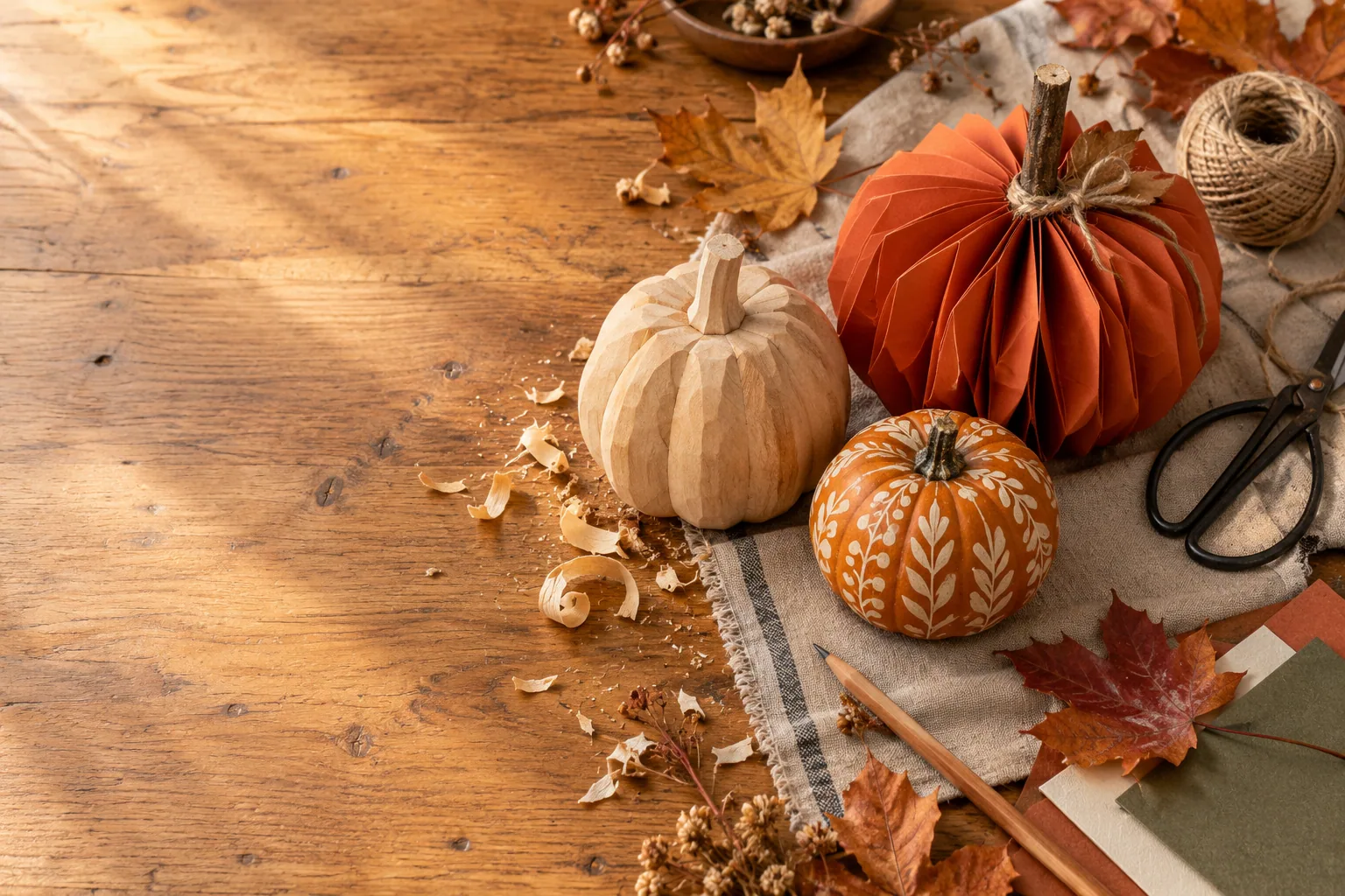 Three handmade pumpkins in carved wood, folded paper, and painted natural pumpkin on a wooden worktable