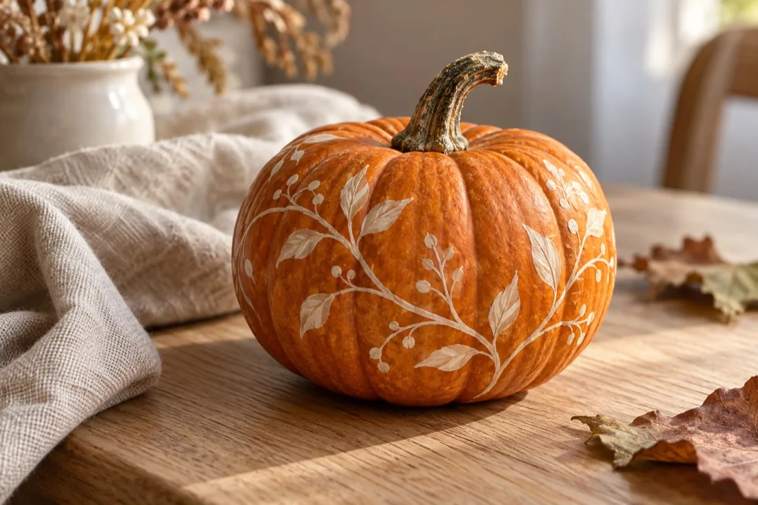 Muted orange pumpkin decorated with a loose hand-painted cream vine