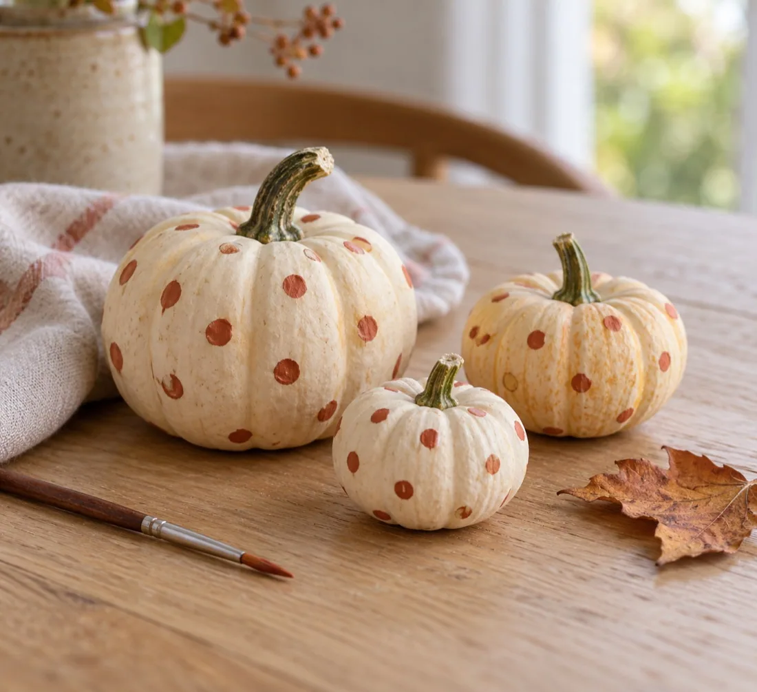 Three small pale pumpkins with sparse hand-painted rust dots
