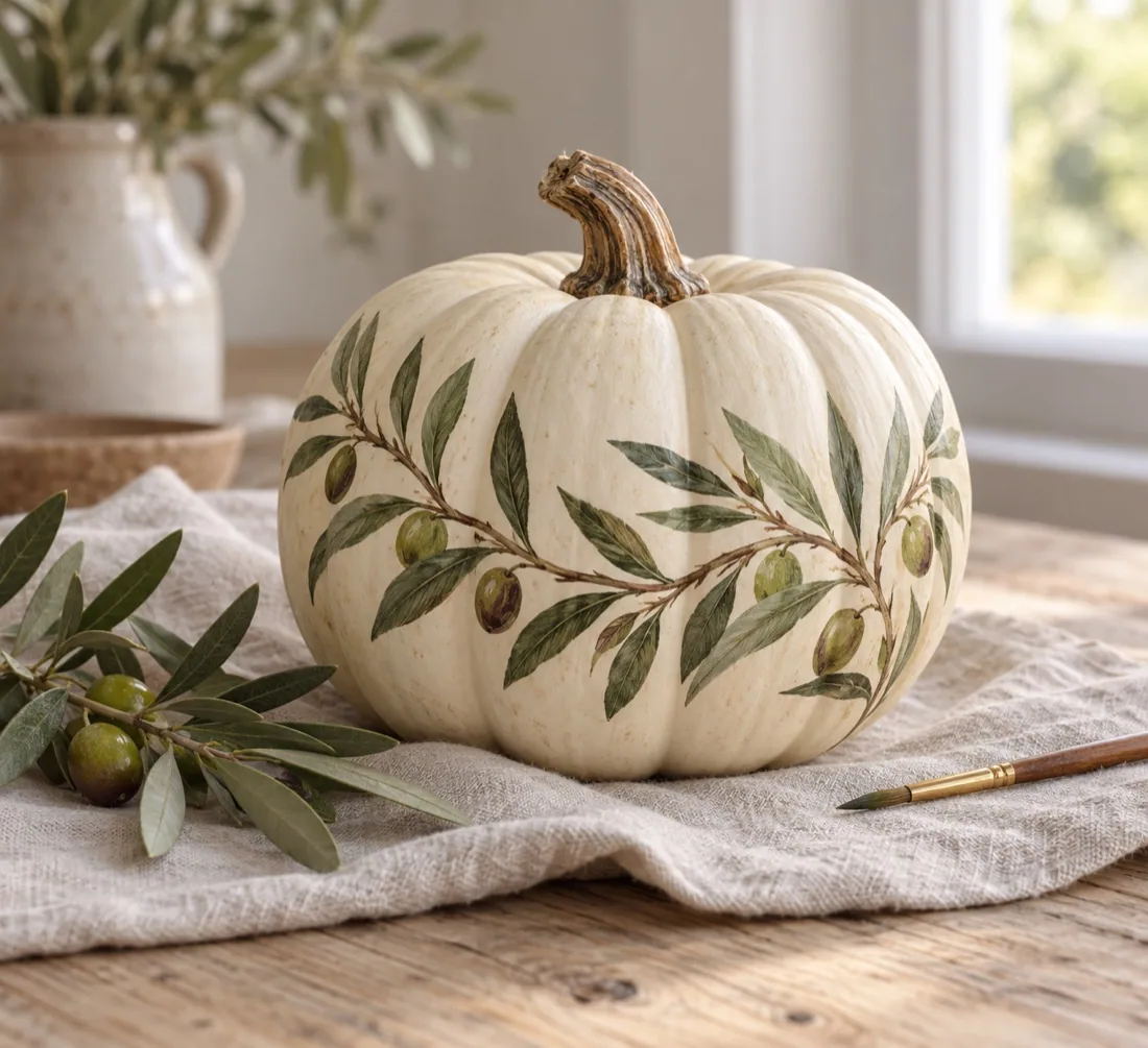 Pale pumpkin with a delicate hand-painted olive branch and generous open space