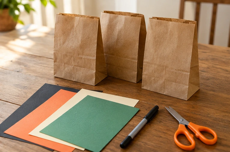 Plain kraft lunch sacks and colored paper ready for decorating.