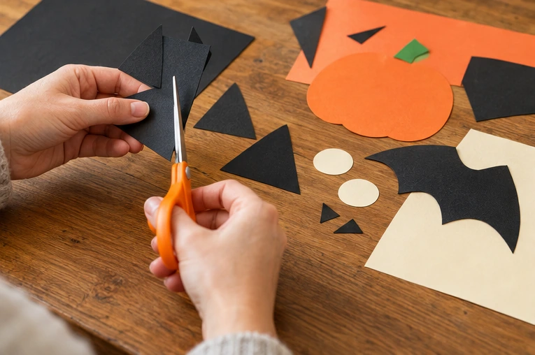 Paper shapes for cat ears, pumpkin features, and bat wings being cut out.