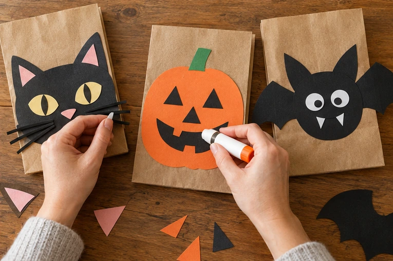 The cat, pumpkin, and bat designs being glued onto kraft treat bags.