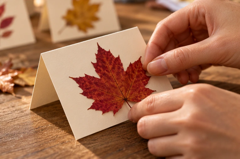 A pressed maple leaf being attached to a folded cardstock place card.