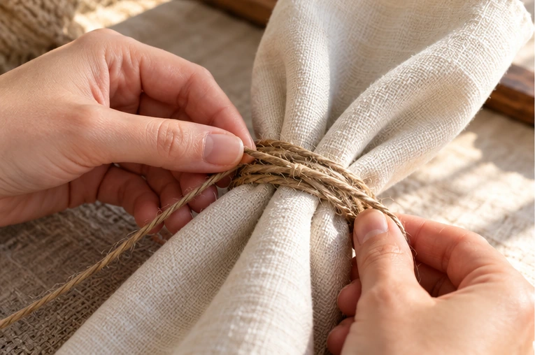 Twine being wrapped around a linen napkin to form the acorn ring base.