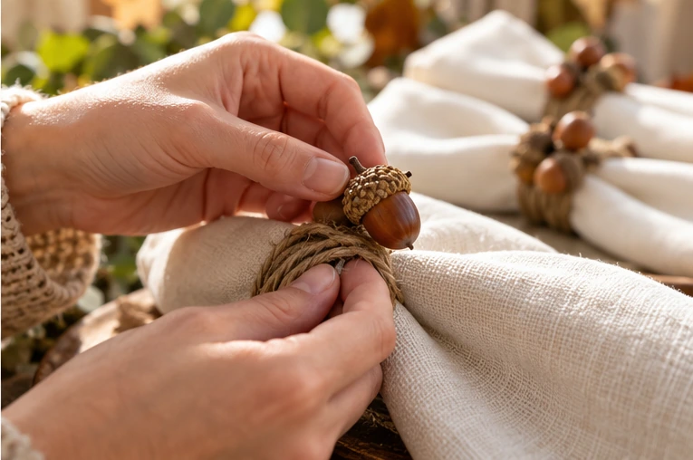A small acorn being attached to a finished twine napkin ring.