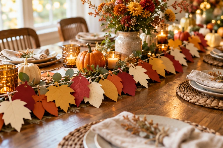 A handmade paper leaf garland across a Thanksgiving table.