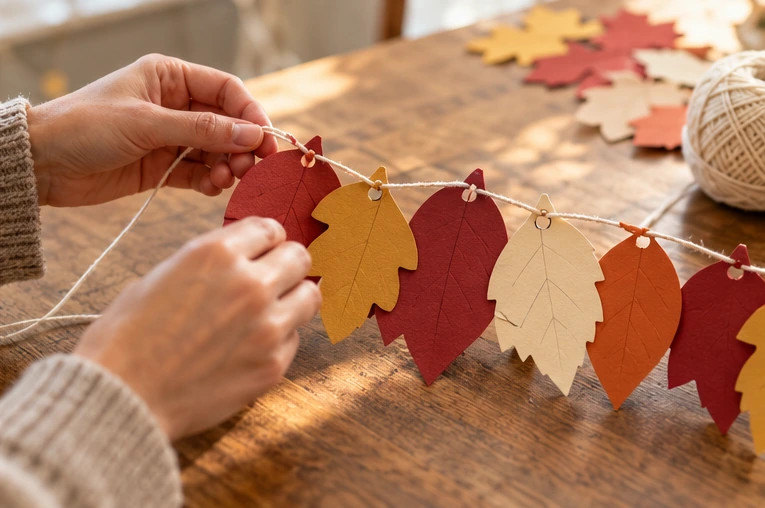 Paper leaves being threaded at even spacing onto cotton string.