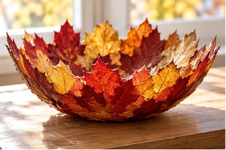 Decorative bowl made from pressed autumn leaves, displayed as a dry table accent.