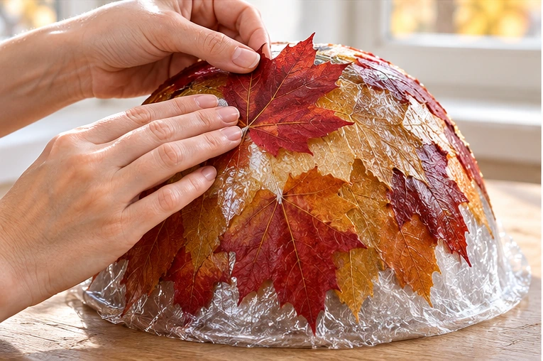 Pressed leaves layered evenly over a plastic-wrapped bowl mold.