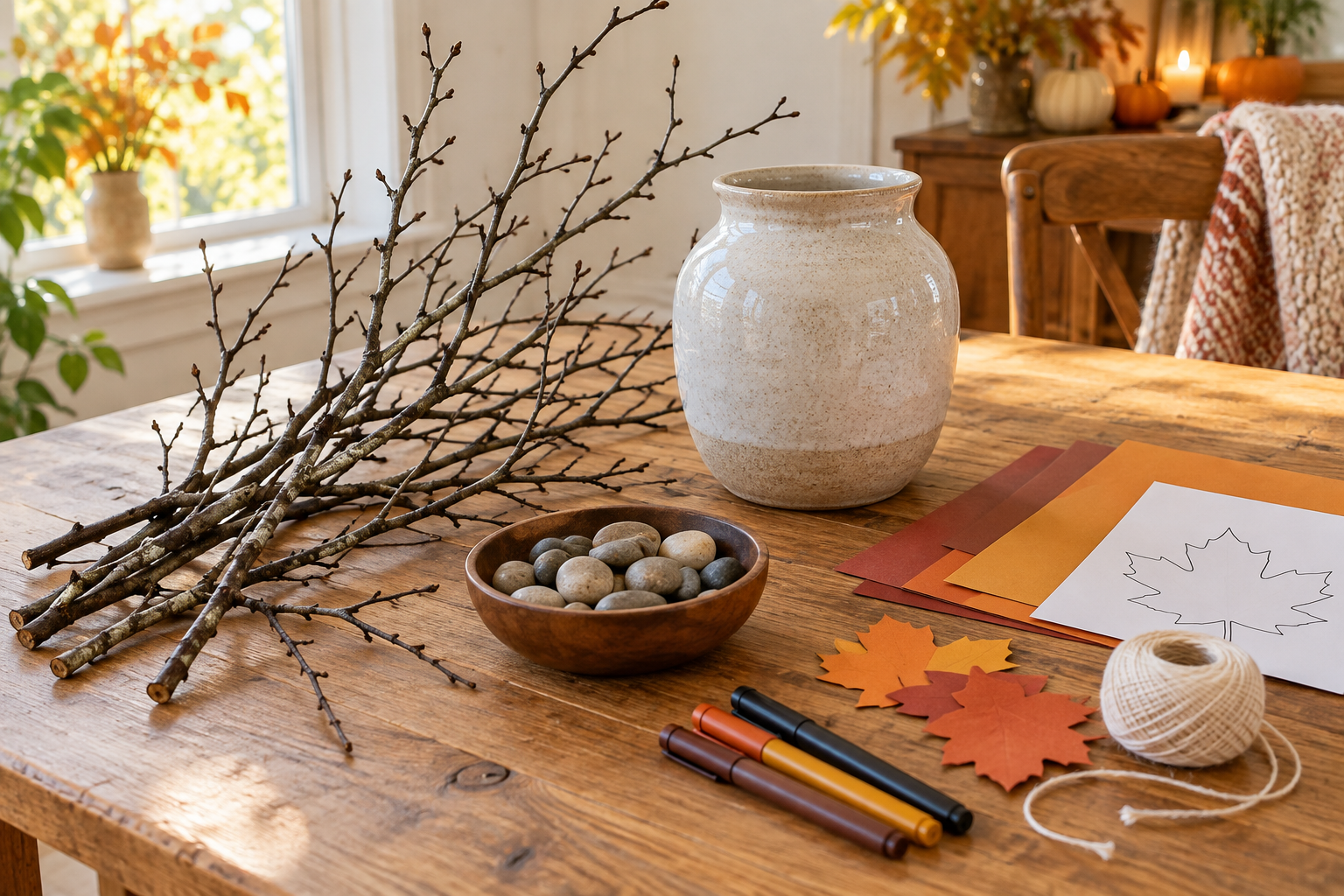 Clean fallen branches, autumn cardstock, scissors, markers, thread and pebbles arranged for a gratitude tree