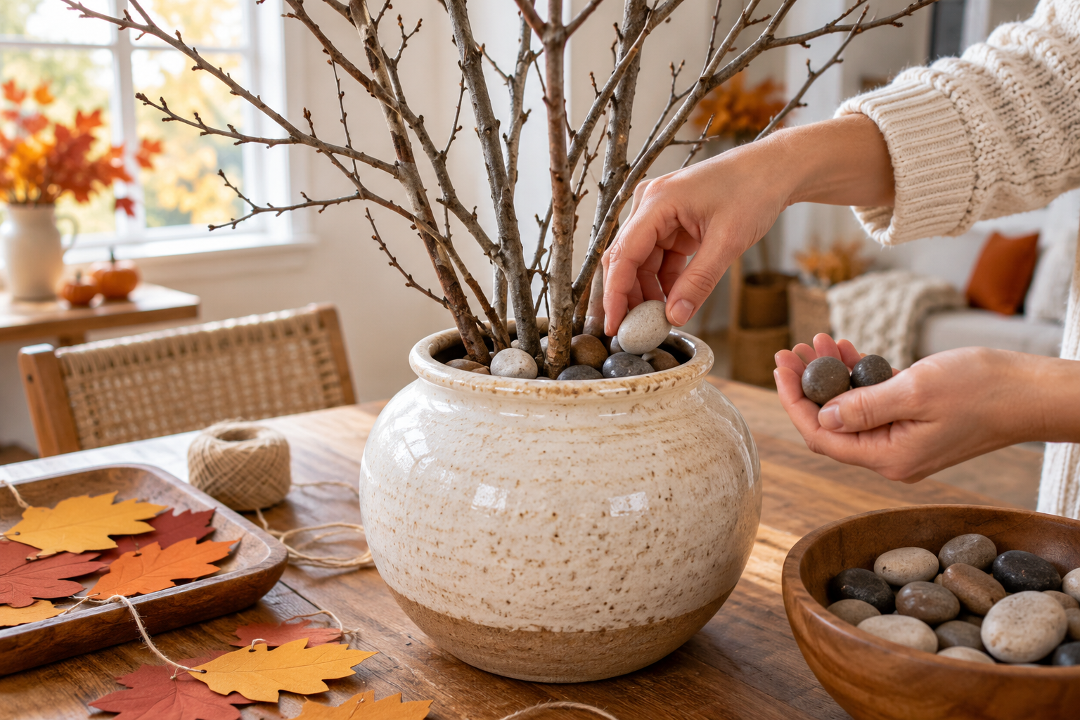 Branches standing upright in a wide vase with pebbles packed around the stems for a stable base