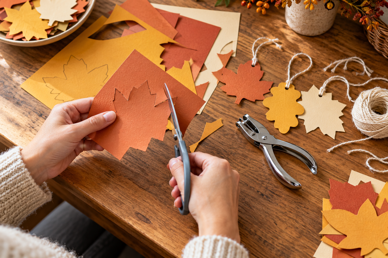 Hands cutting autumn-colored cardstock into simple paper leaves for a Thanksgiving gratitude tree