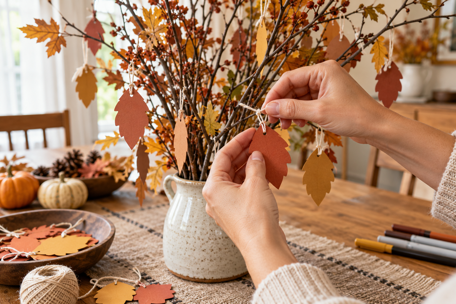 A handwritten gratitude leaf tied to a branch on the finished family Thanksgiving tree