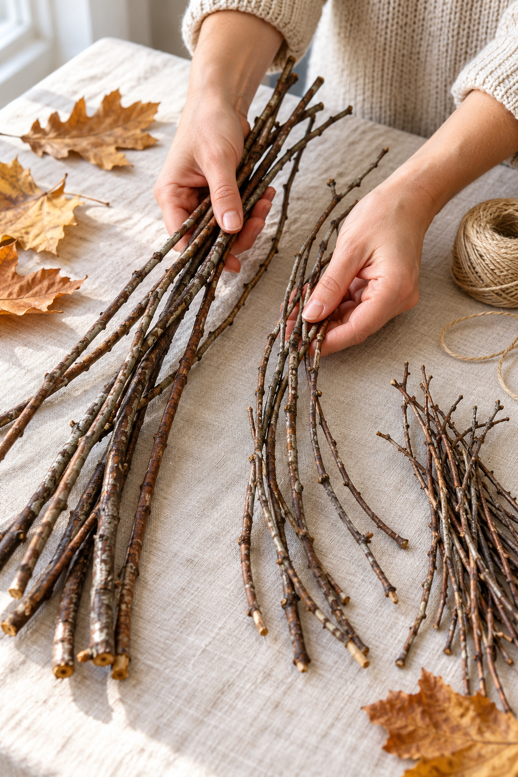 Flexible fallen twigs being sorted beside dry autumn leaves and cotton twine.