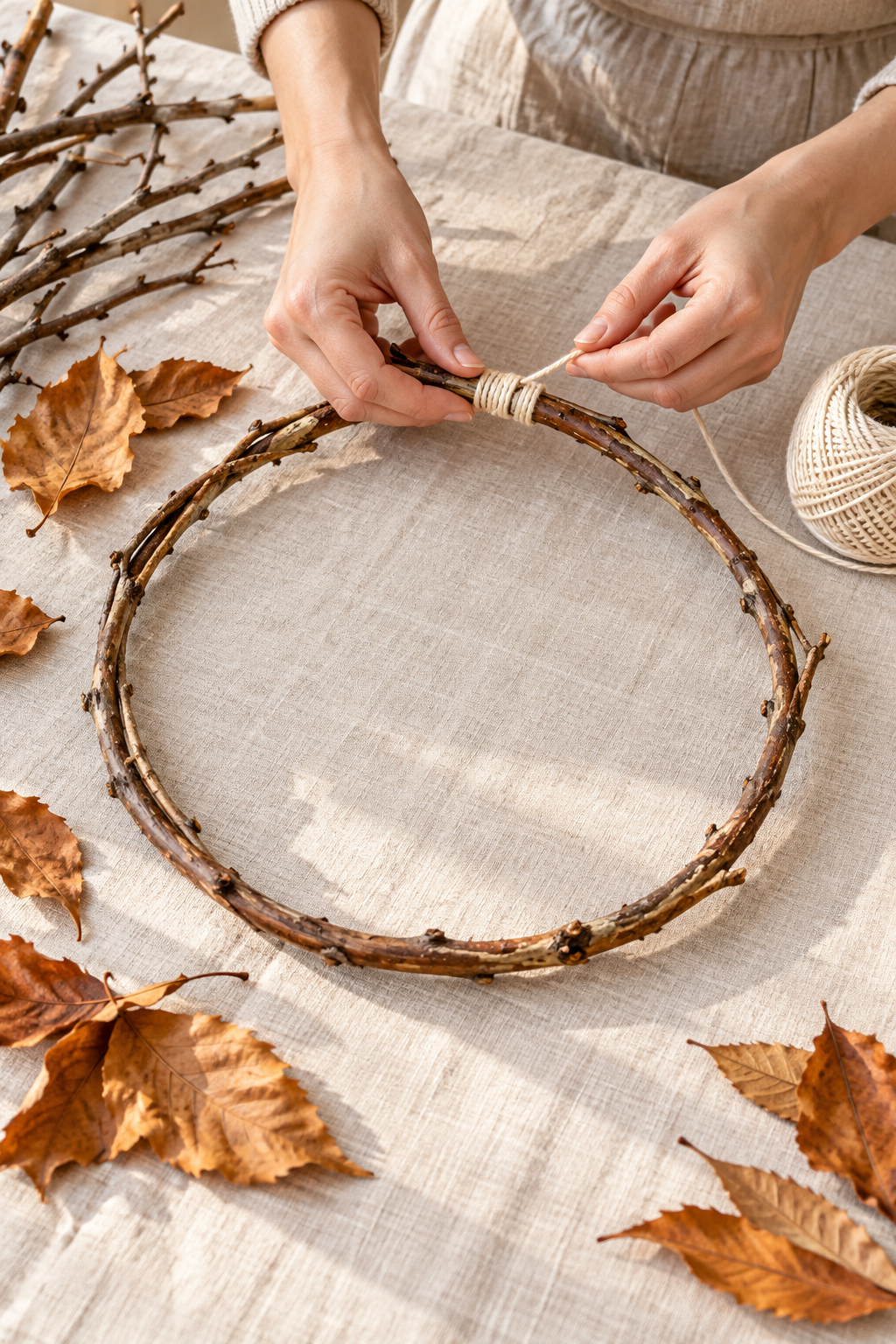 Hands wrapping cotton twine around a simple circular ring of flexible twigs.