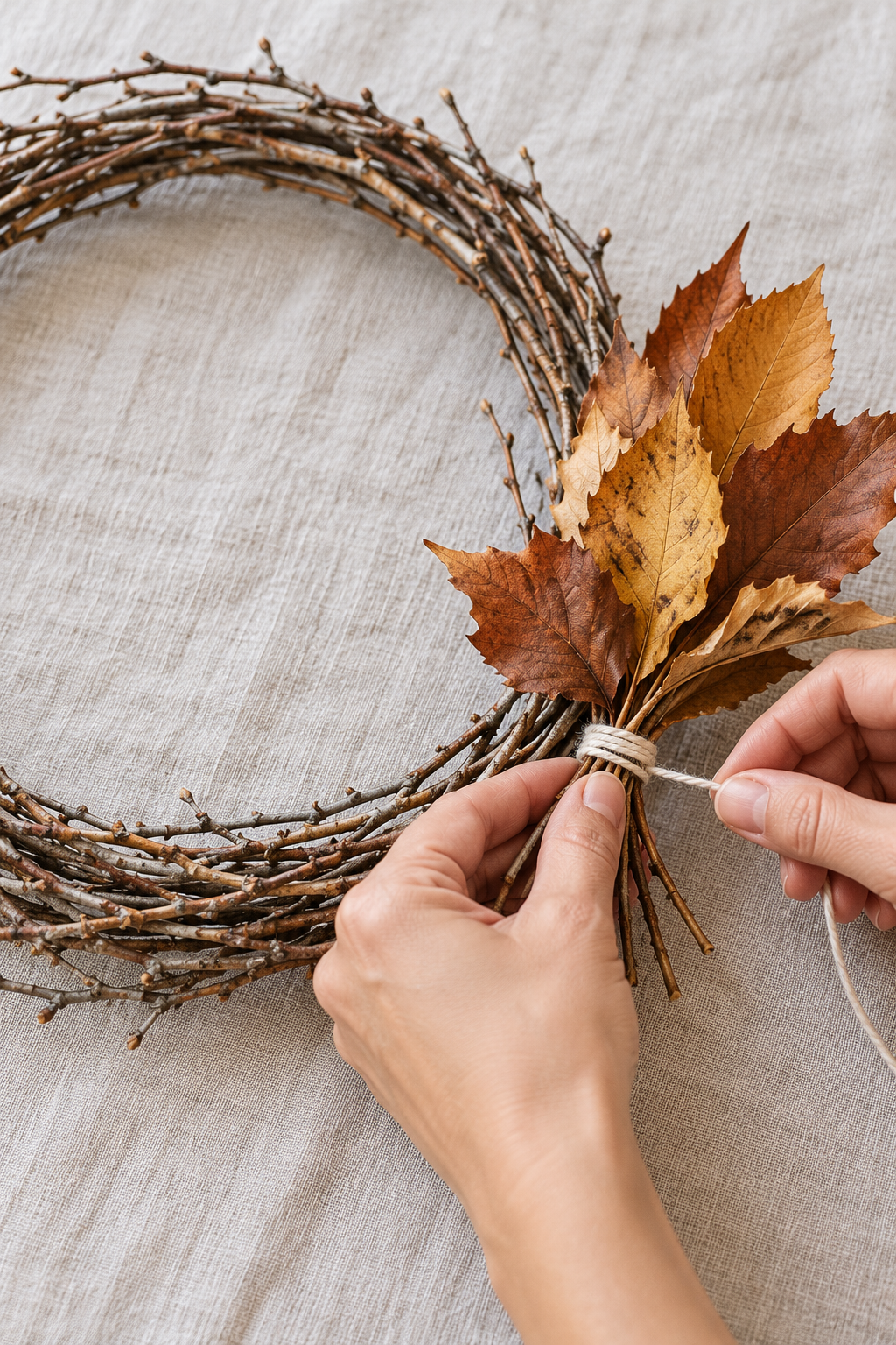 Dry autumn leaves being tied to one side of a hand-formed twig wreath.