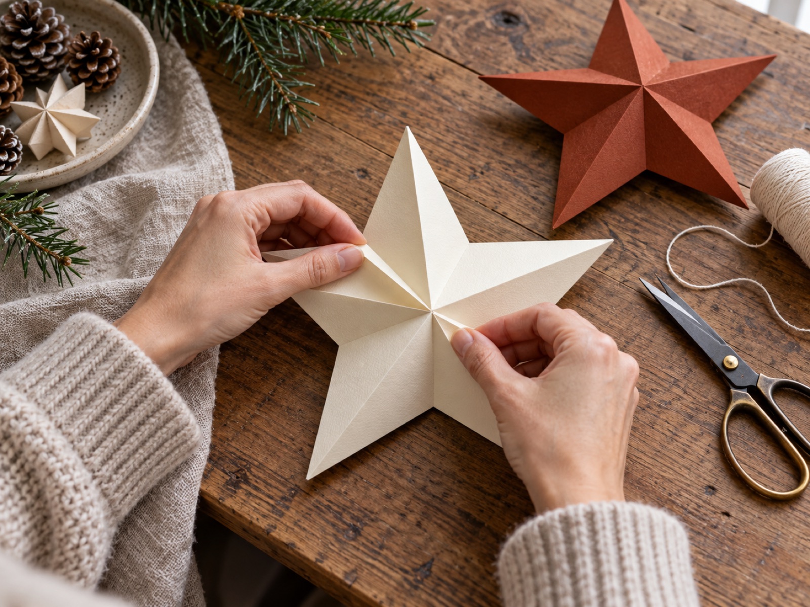 AI-generated process photo: hands shaping crisp dimensional folds in a cream paper star