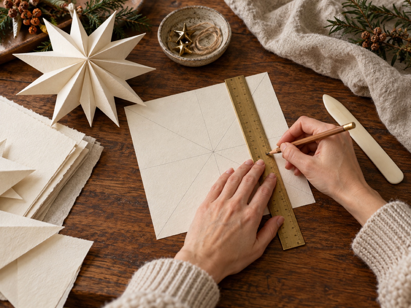 AI-generated process photo: measuring and marking cardstock beside a finished folded paper star