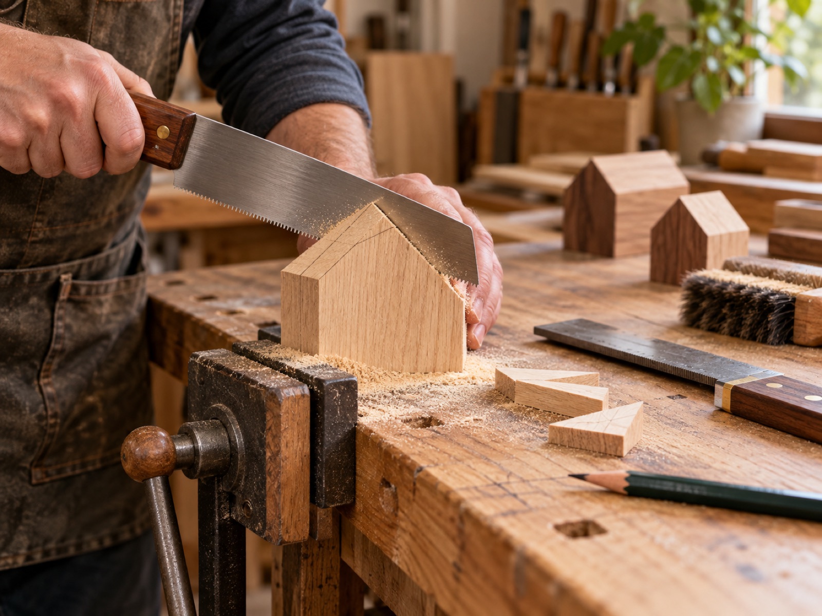 AI-generated process photo: a small wooden house shape being cut from a securely clamped block with a hand saw