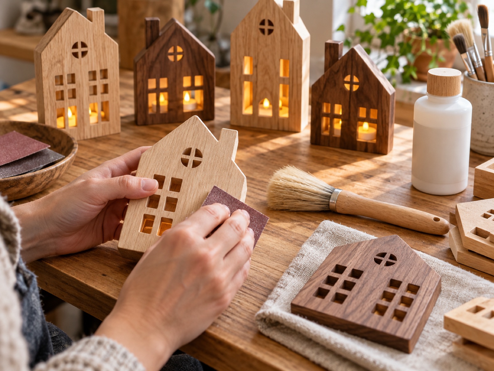 AI-generated process photo: wooden house decorations being sanded beside softly lit LED windows
