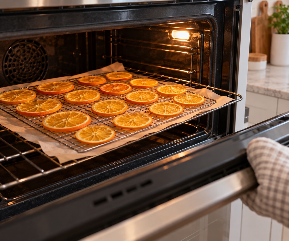 Orange slices spaced on a wire rack over a baking sheet before slow oven drying
