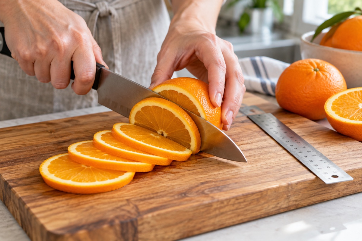 Fresh orange rounds cut to an even thickness on a wooden cutting board beside a small knife