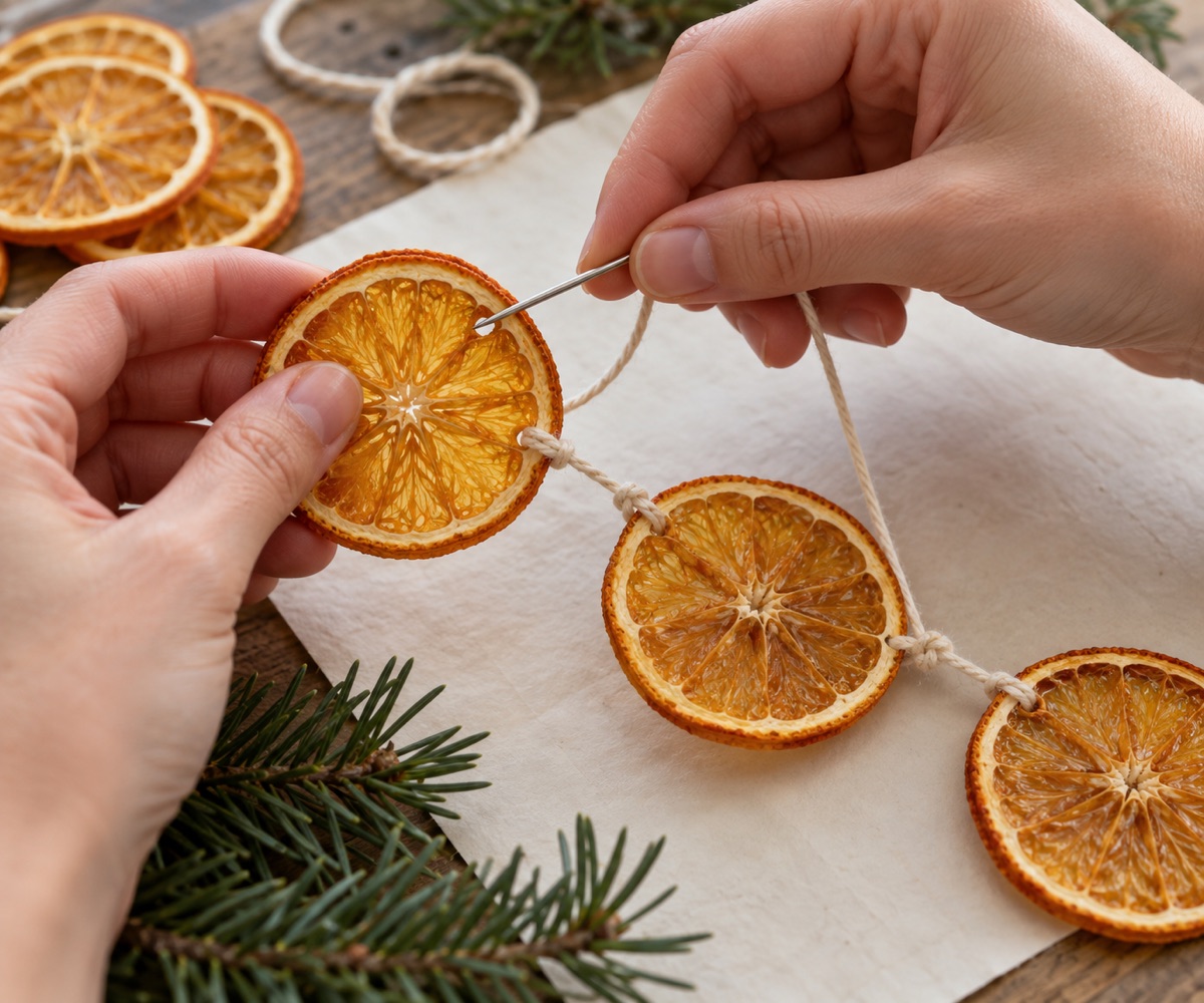 Finished dried orange garland threaded on cotton cord and styled along a simple holiday mantel
