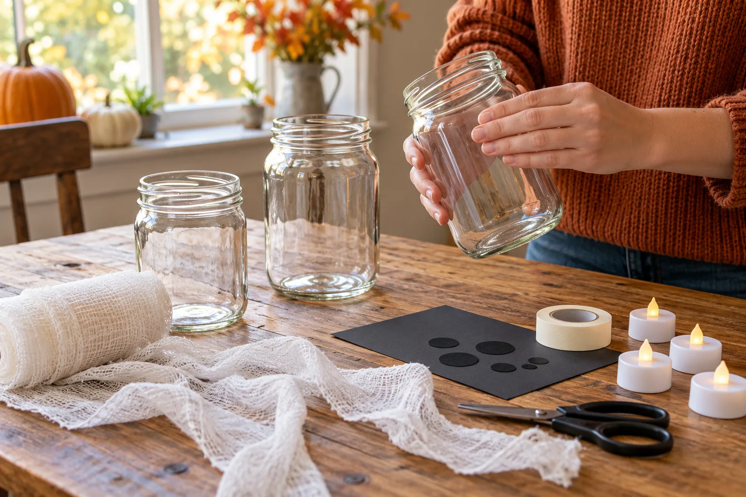 Preparing dry glass jars, cotton gauze, cardstock eyes, and battery tea lights for the craft
