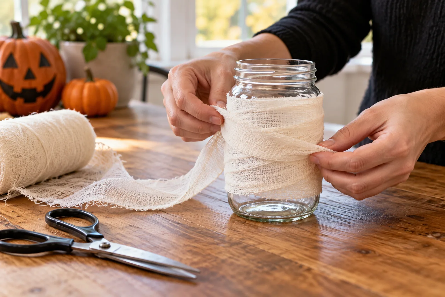 Wrapping cotton gauze around a glass jar while leaving the rim and base uncovered