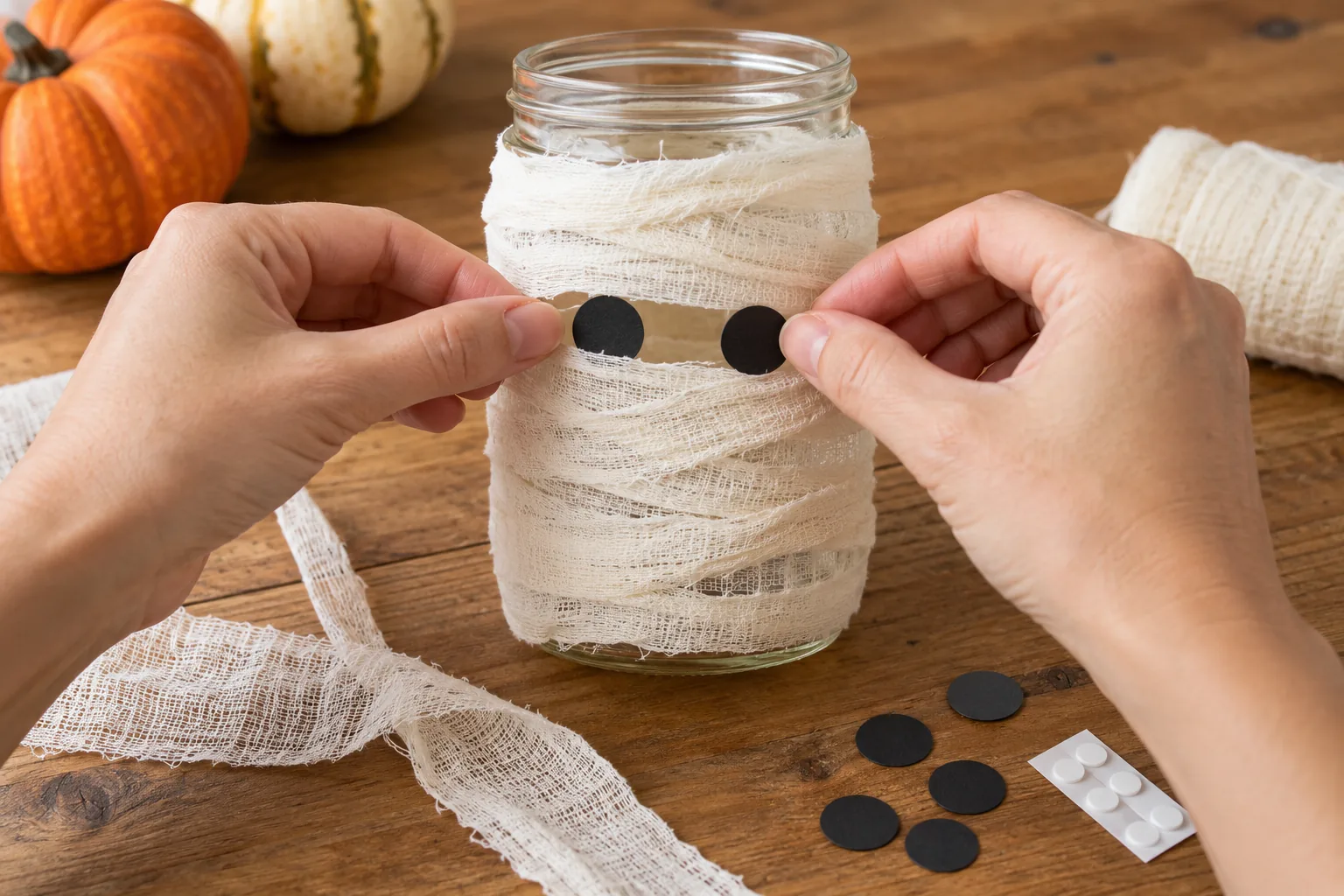 Attaching two small black cardstock eyes to a gauze-wrapped jar