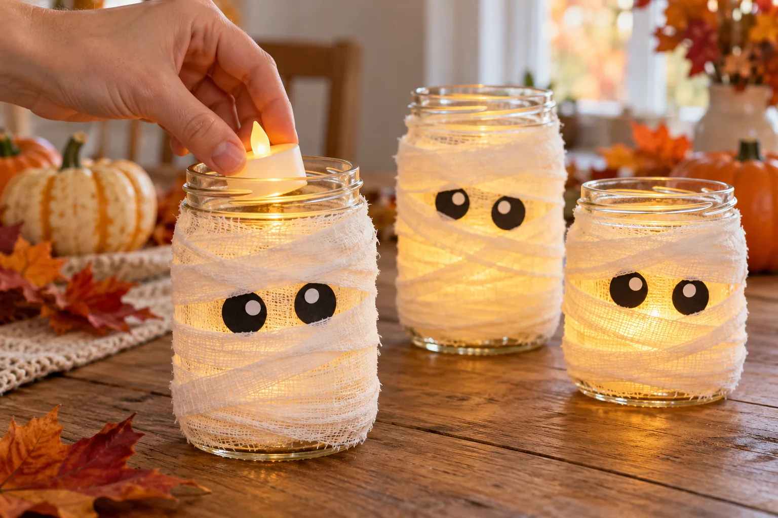 Placing a battery-operated LED tea light inside a finished mummy jar luminary