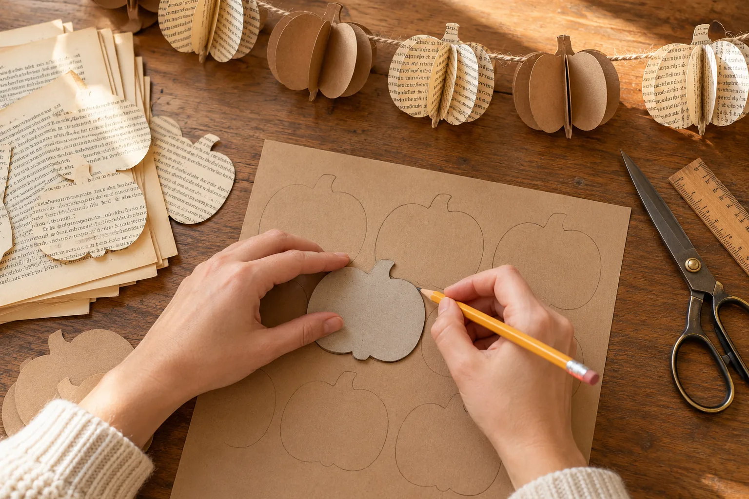 Tracing a rounded pumpkin template onto cardstock before making paper decorations