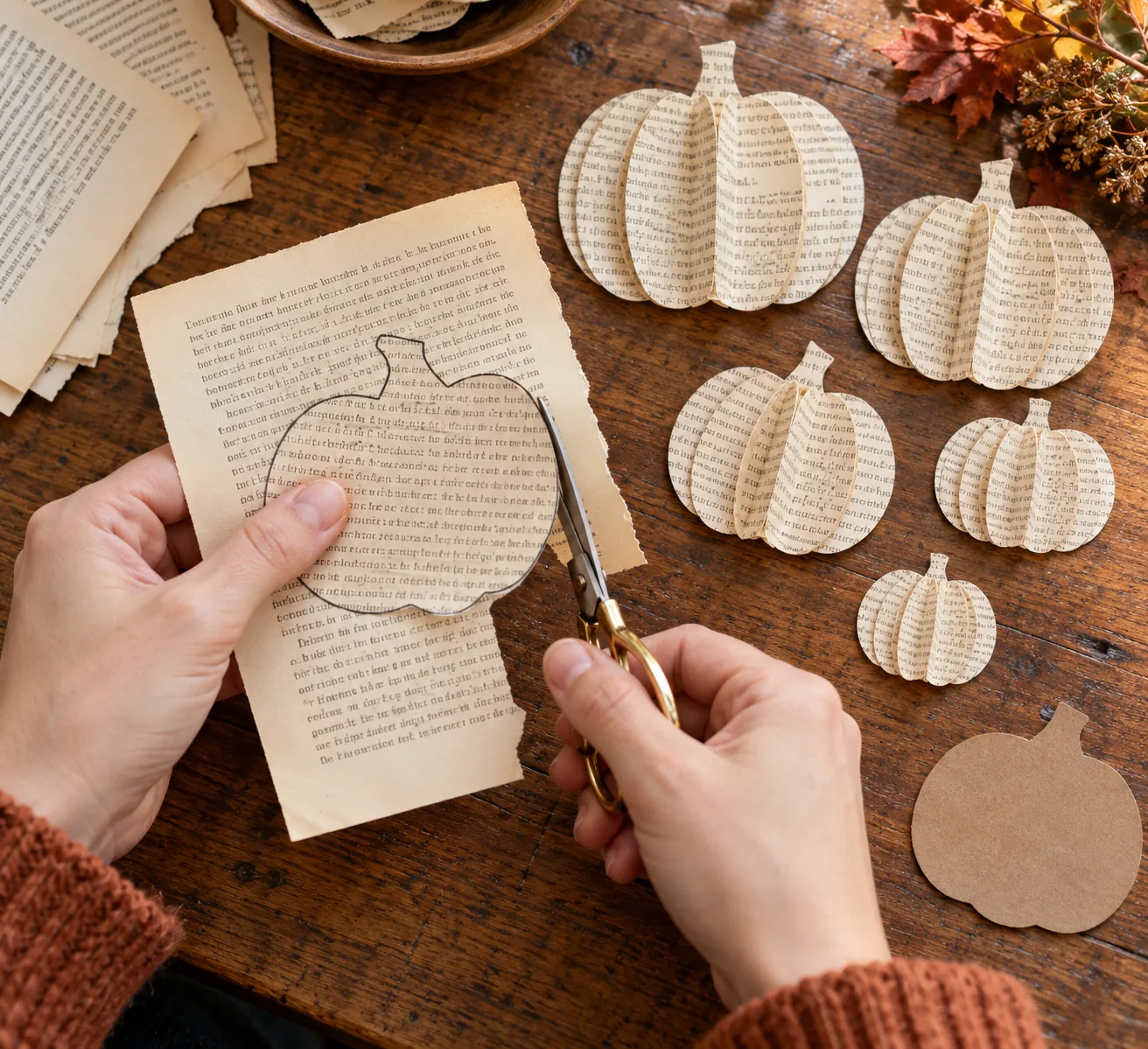 Cutting pumpkin shapes from reclaimed book pages with a small template